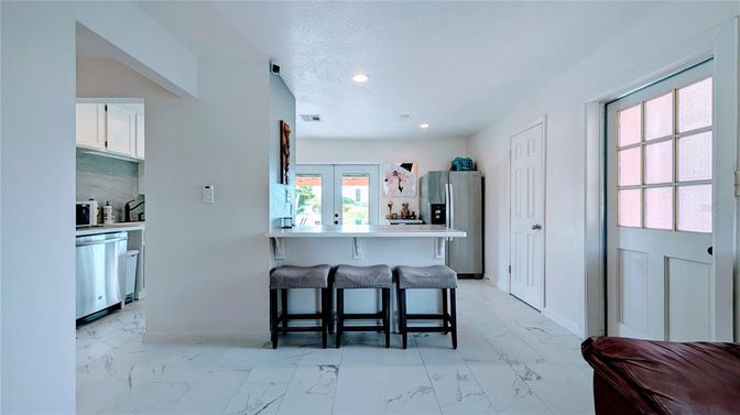Interior, Kitchen, Marble, Recessed Lighting, Stainless Steel Appliances