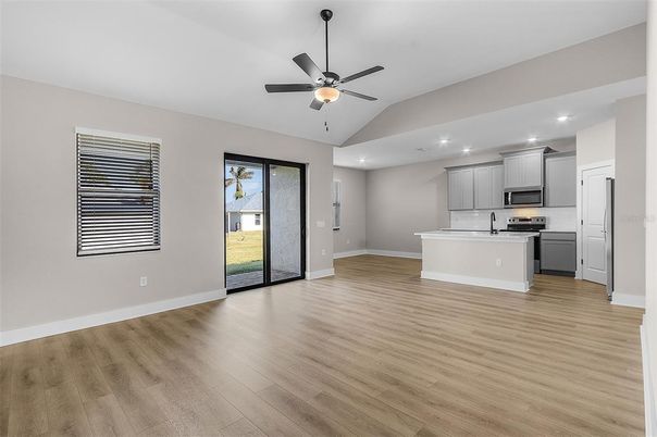 Empty room, Interior, Kitchen, Recessed Lighting, Wood Texture Flooring