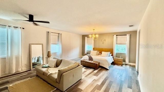 Bedroom, Chandelier, Interior, Wood Texture Flooring