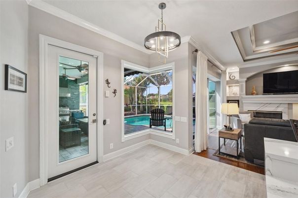 Fireplace, Interior, Pendant Lights, Recessed Lighting, Wood Texture Flooring
