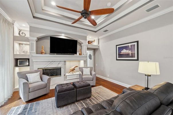 Fireplace, Interior, Living room, Recessed Lighting, Wood Texture Flooring