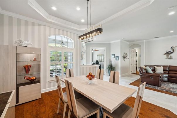 Dining room, Interior, Pendant Lights, Recessed Lighting, Wood Texture Flooring