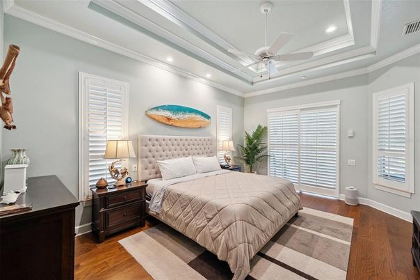 Bedroom, Interior, Recessed Lighting, Wood Texture Flooring