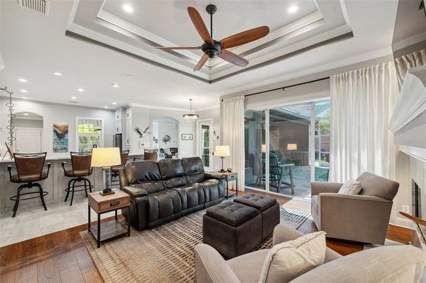 Fireplace, Interior, Living room, Pendant Lights, Recessed Lighting, Wood Texture Flooring
