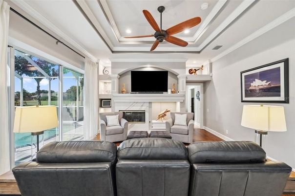 Fireplace, Interior, Living room, Recessed Lighting, Wood Texture Flooring