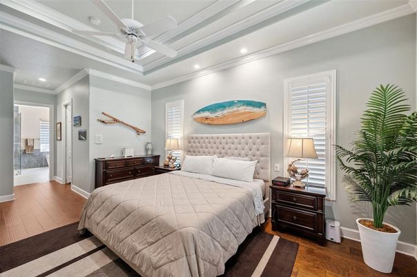 Bedroom, Interior, Recessed Lighting, Wood Texture Flooring