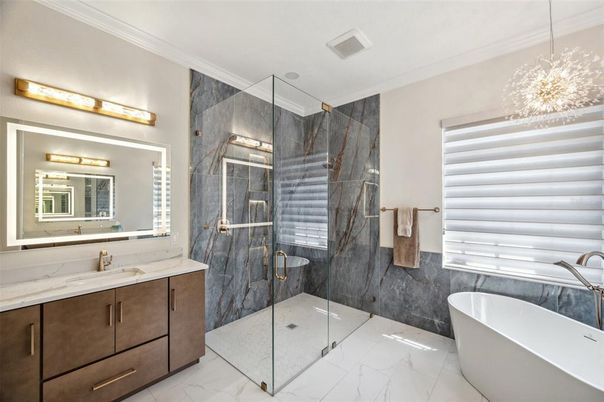 Bathroom, Dual Sink Vanities, Free Standing Baths, Glass Shower, Interior, Marble, Marble Walls