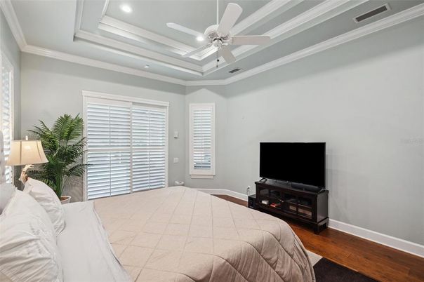 Bedroom, Interior, Recessed Lighting, Wood Texture Flooring