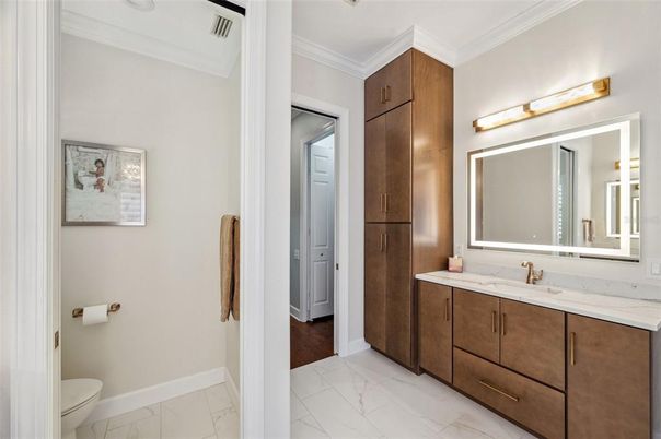 Bathroom, Dual Sink Vanities, Interior, Marble, Wood Texture Flooring