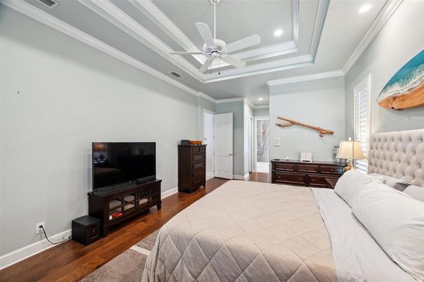 Bedroom, Interior, Recessed Lighting, Wood Texture Flooring