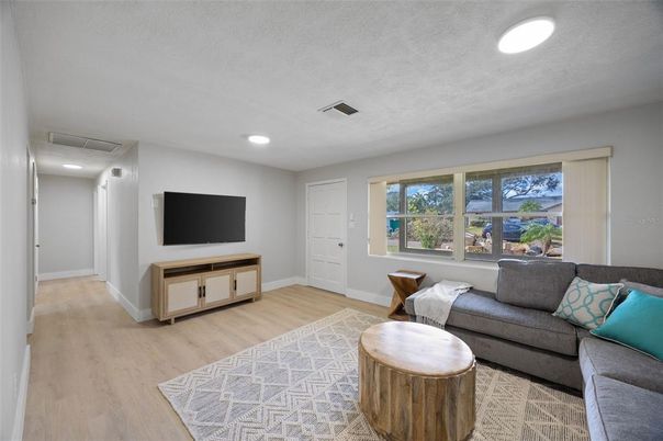 Interior, Living room, Recessed Lighting, Wood Texture Flooring