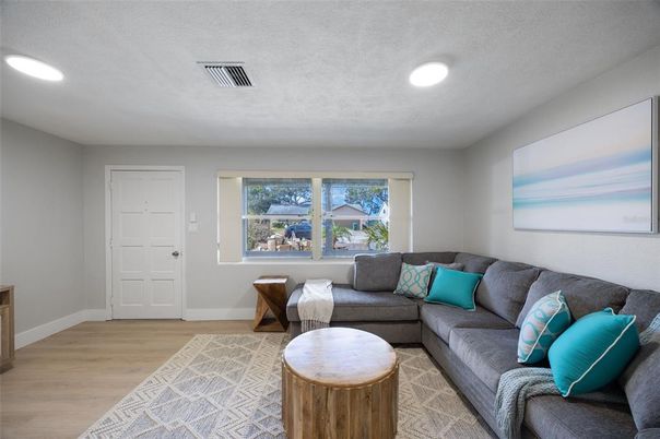 Interior, Living room, Recessed Lighting, Wood Texture Flooring