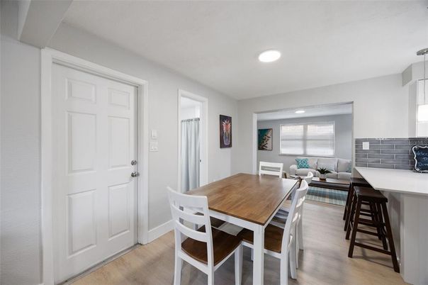 Dining room, Interior, Recessed Lighting, Wood Texture Flooring