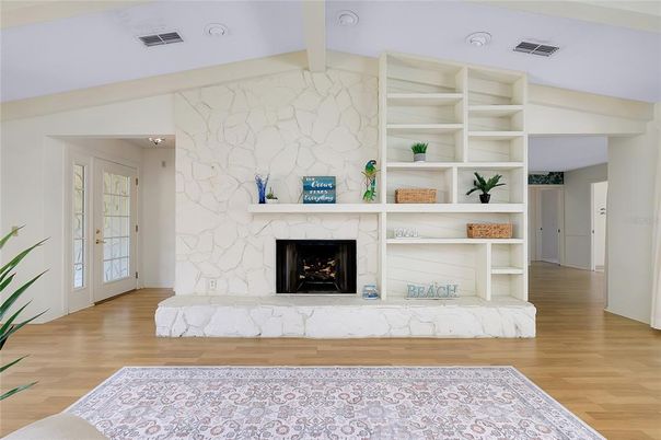Fireplace, Interior, Marble Walls, Wood Texture Flooring