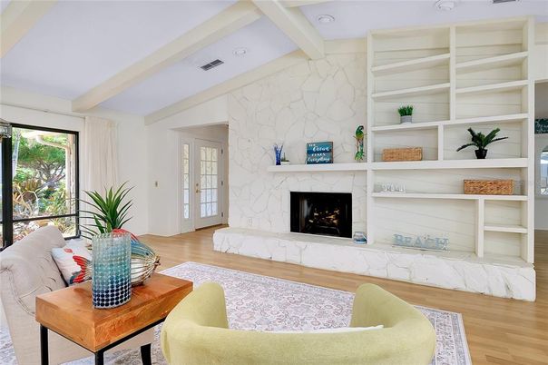 Fireplace, Interior, Living room, Recessed Lighting, Stone Walls, Wood Texture Flooring