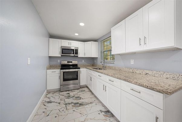 Interior, Kitchen, Marble, Recessed Lighting, Stainless Steel Appliances