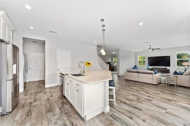 Interior, Kitchen, Living room, Pendant Lights, Recessed Lighting, Wood Texture Flooring