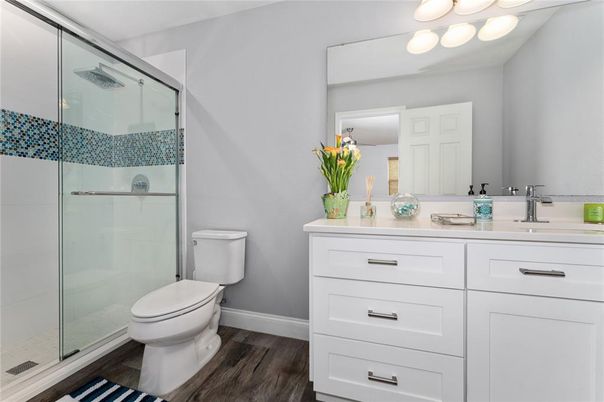 Bathroom, Glass Shower, Interior, Wood Texture Flooring