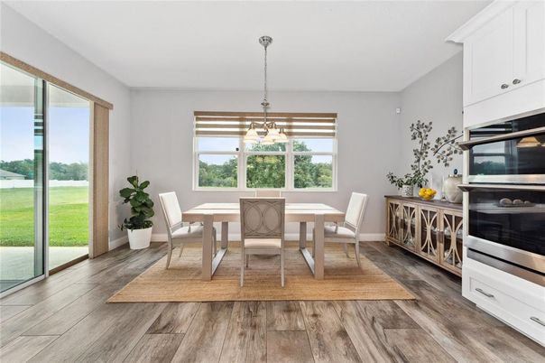 Dining room, Interior, Pendant Lights, Wood Texture Flooring