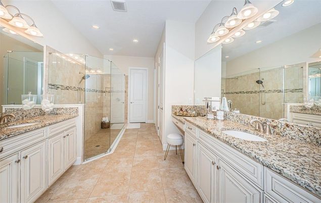 Bathroom, Dual Sink Vanities, Glass Shower, Interior, Recessed Lighting