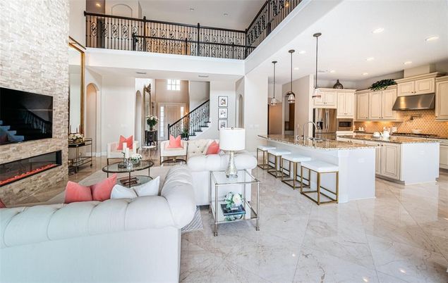 Fireplace, Interior, Kitchen, Living room, Marble, Pendant Lights, Recessed Lighting, Stone Walls