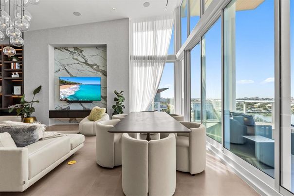 Dining room, Fireplace, Interior, Living room, Marble Walls, Pendant Lights, Recessed Lighting, Water