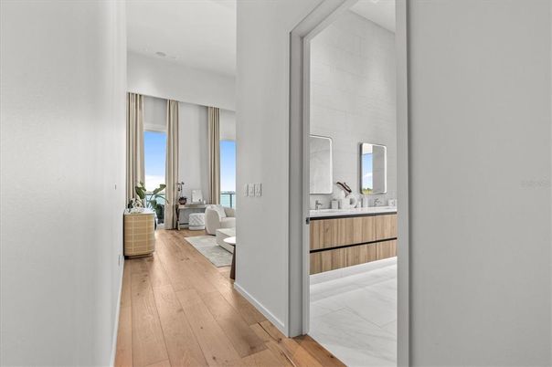 Bathroom, Interior, Marble, Recessed Lighting, Water, Wood Texture Flooring