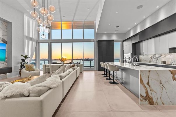 Interior, Kitchen, Living room, Marble Walls, Pendant Lights, Recessed Lighting, Water