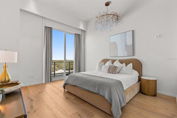 Bedroom, Chandelier, Interior, Wood Texture Flooring