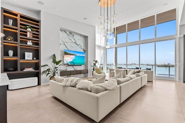 Interior, Living room, Marble Walls, Pendant Lights, Recessed Lighting, Water