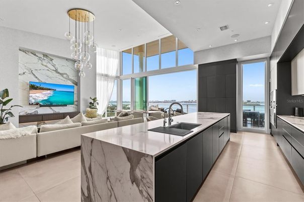Interior, Kitchen, Living room, Marble Walls, Pendant Lights, Recessed Lighting, Water