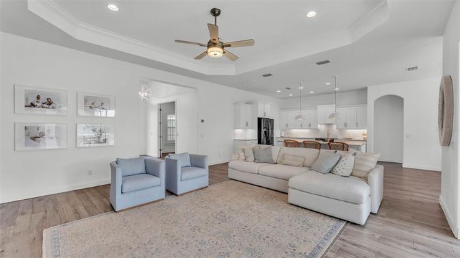 Interior, Kitchen, Living room, Pendant Lights, Recessed Lighting, Wood Texture Flooring
