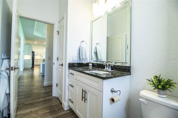 Bathroom, Dual Sink Vanities, Interior, Recessed Lighting, Wood Texture Flooring