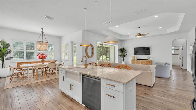 Dining room, Interior, Kitchen, Living room, Pendant Lights, Recessed Lighting, Wood Texture Flooring