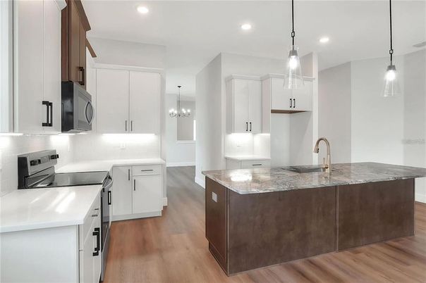 Interior, Kitchen, Pendant Lights, Recessed Lighting, Wood Texture Flooring