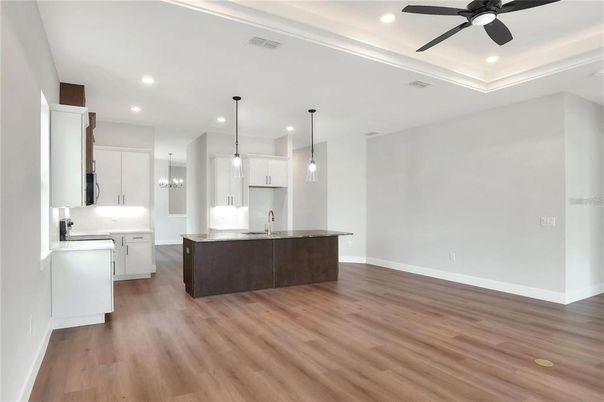 Interior, Kitchen, Pendant Lights, Recessed Lighting, Wood Texture Flooring