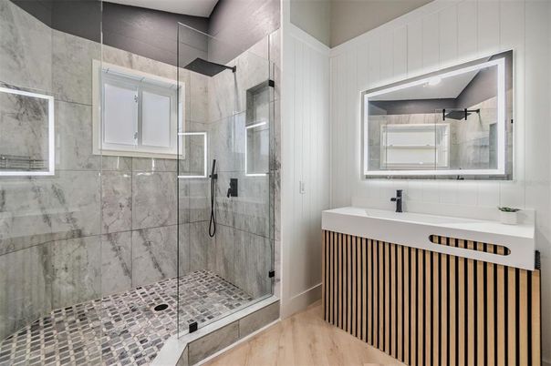Bathroom, Glass Shower, Interior, Wood Texture Flooring