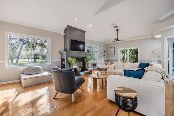 Fireplace, Interior, Living room, Recessed Lighting, Wood Texture Flooring