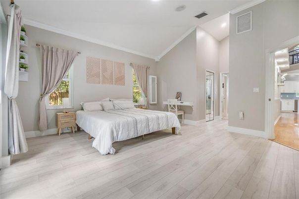 Bedroom, Interior, Recessed Lighting, Wood Texture Flooring