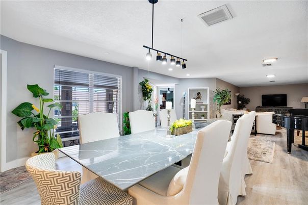 Dining room, Interior, Living room, Pendant Lights, Recessed Lighting, Wood Texture Flooring