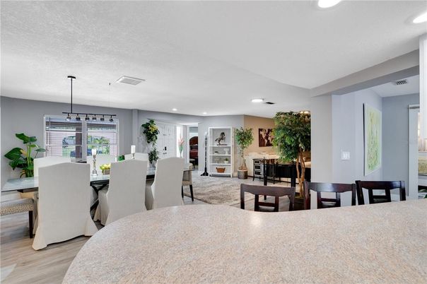 Dining room, Interior, Pendant Lights, Recessed Lighting, Wood Texture Flooring