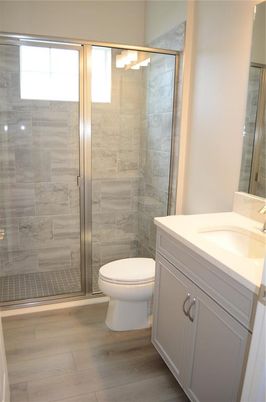 Bathroom, Glass Shower, Interior, Wood Texture Flooring