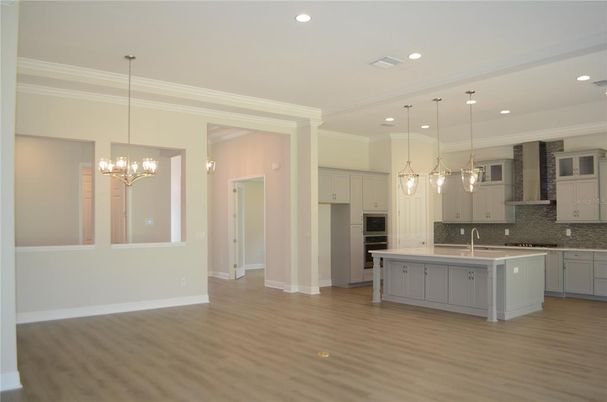 Chandelier, Interior, Kitchen, Pendant Lights, Recessed Lighting, Wood Texture Flooring