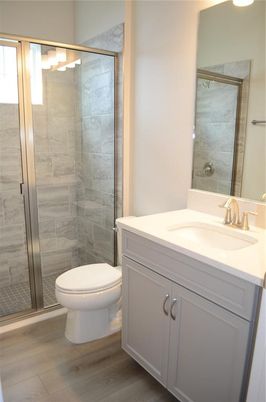 Bathroom, Glass Shower, Interior, Wood Texture Flooring
