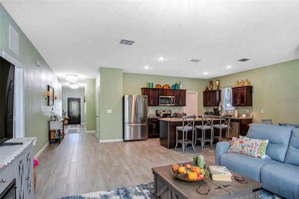 Interior, Kitchen, Living room, Recessed Lighting, Stainless Steel Appliances, Wood Texture Flooring