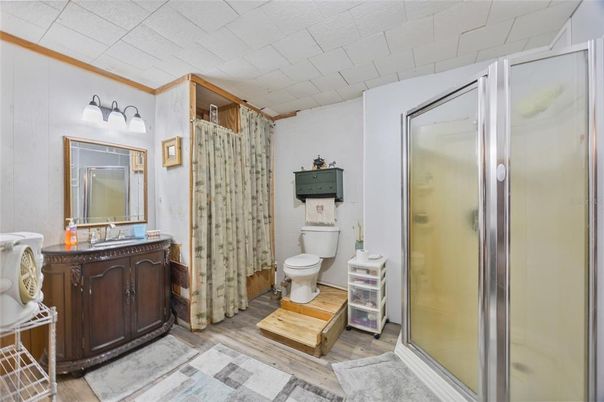 Bathroom, Glass Shower, Interior, Wood Texture Flooring