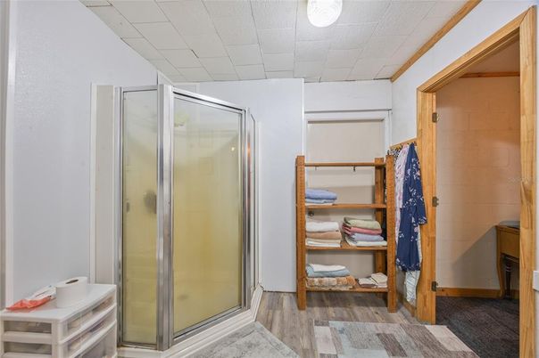 Bathroom, Glass Shower, Interior, Wood Texture Flooring