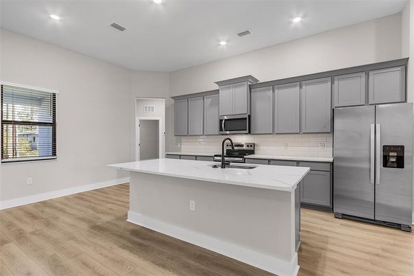 Interior, Kitchen, Recessed Lighting, Stainless Steel Appliances, Wood Texture Flooring