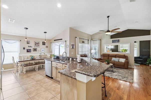 Dining room, Interior, Kitchen, Living room, Pendant Lights, Recessed Lighting, Wood Texture Flooring