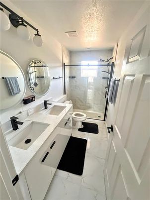Bathroom, Dual Sink Vanities, Glass Shower, Interior, Marble